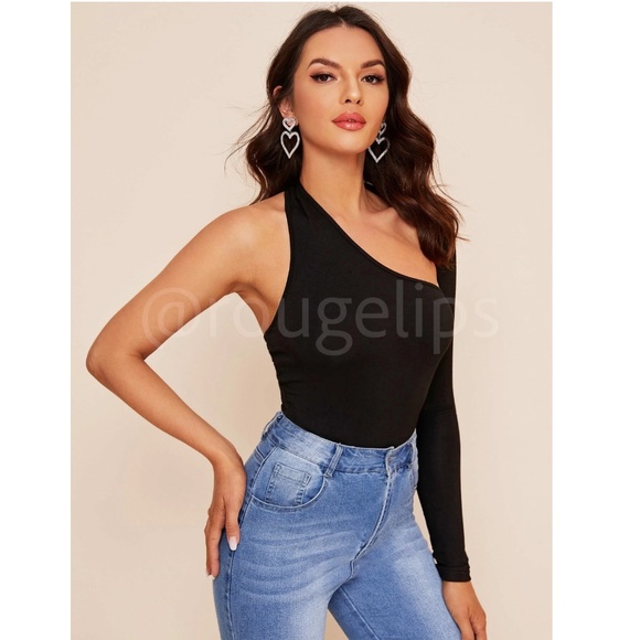Black Elegant One Long Sleeve Bodysuit Asymmetrical Neck - Picture 4 of 6